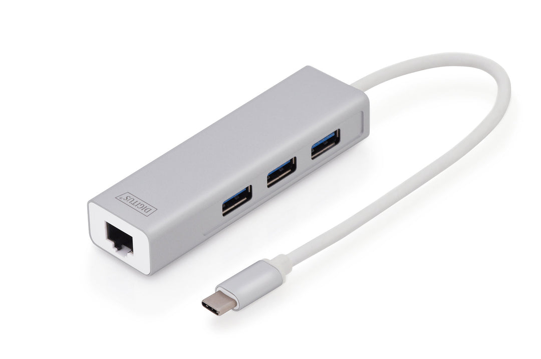 Digitus USB 3.0 Hub &amp;Amp; USB 3.0 Gigabit Ethernet Adaptörü, 1 X 10/100/1000 RJ45 Dişi Yuva, 1 X USB-C Erkek Konnektör (Bilgisayar Bağlantısı İçin), 3 X USB 3.0 USB-A Dişi Yuva (USB Çevre Ürünü), Alüminyum, Mac Ve Windows Destekler (DA-