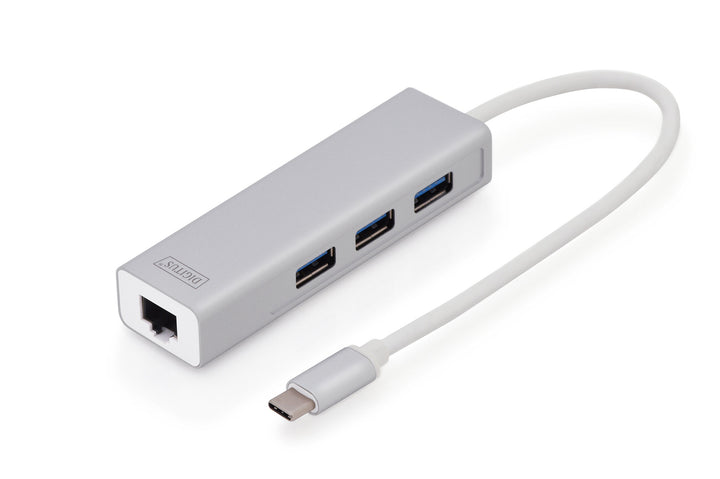 Digitus USB 3.0 Hub &amp;Amp; USB 3.0 Gigabit Ethernet Adaptörü, 1 X 10/100/1000 RJ45 Dişi Yuva, 1 X USB-C Erkek Konnektör (Bilgisayar Bağlantısı İçin), 3 X USB 3.0 USB-A Dişi Yuva (USB Çevre Ürünü), Alüminyum, Mac Ve Windows Destekler (DA-