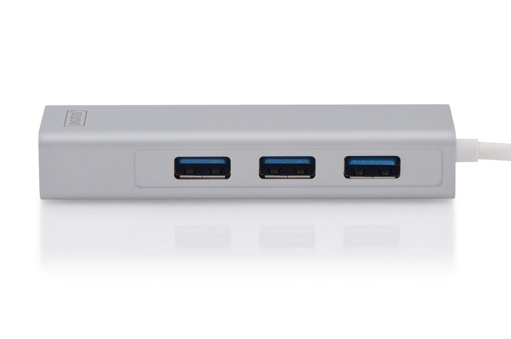 Digitus USB 3.0 Hub &amp;Amp; USB 3.0 Gigabit Ethernet Adaptörü, 1 X 10/100/1000 RJ45 Dişi Yuva, 1 X USB-C Erkek Konnektör (Bilgisayar Bağlantısı İçin), 3 X USB 3.0 USB-A Dişi Yuva (USB Çevre Ürünü), Alüminyum, Mac Ve Windows Destekler (DA- 2