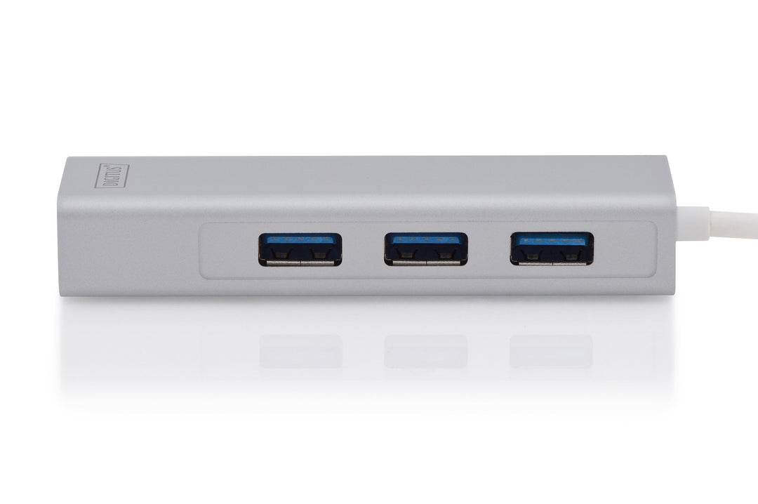 Digitus USB 3.0 Hub &amp;Amp; USB 3.0 Gigabit Ethernet Adaptörü, 1 X 10/100/1000 RJ45 Dişi Yuva, 1 X USB-C Erkek Konnektör (Bilgisayar Bağlantısı İçin), 3 X USB 3.0 USB-A Dişi Yuva (USB Çevre Ürünü), Alüminyum, Mac Ve Windows Destekler (DA- 2