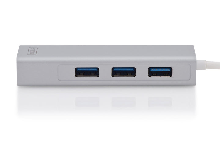 Digitus USB 3.0 Hub &amp;Amp; USB 3.0 Gigabit Ethernet Adaptörü, 1 X 10/100/1000 RJ45 Dişi Yuva, 1 X USB-C Erkek Konnektör (Bilgisayar Bağlantısı İçin), 3 X USB 3.0 USB-A Dişi Yuva (USB Çevre Ürünü), Alüminyum, Mac Ve Windows Destekler (DA- 2
