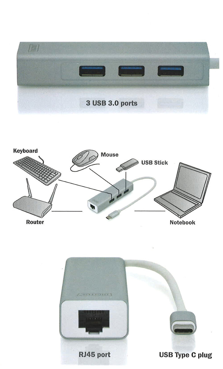 Digitus USB 3.0 Hub &amp;Amp; USB 3.0 Gigabit Ethernet Adaptörü, 1 X 10/100/1000 RJ45 Dişi Yuva, 1 X USB-C Erkek Konnektör (Bilgisayar Bağlantısı İçin), 3 X USB 3.0 USB-A Dişi Yuva (USB Çevre Ürünü), Alüminyum, Mac Ve Windows Destekler (DA- 5