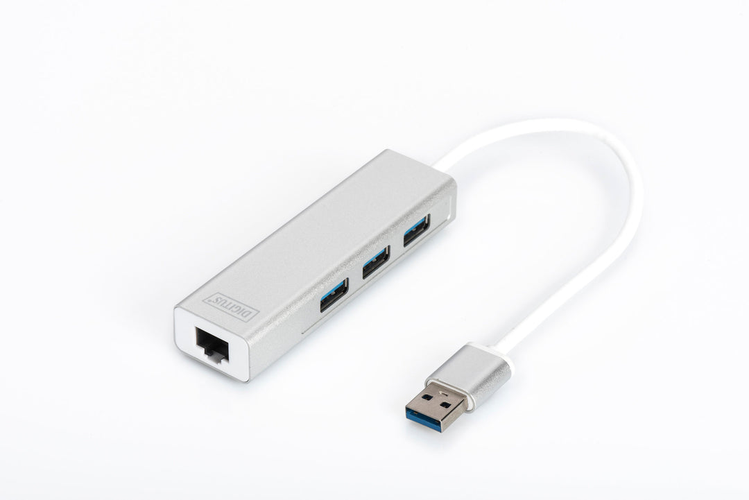 Digitus 3 Port USB 3.0 Hub &amp;Amp; USB 3.0 Gigabit Ethernet Adaptörü, 1 X 10/100/1000 RJ45 Dişi Yuva, 1 X USB-A Erkek Konnektör Kablolu 20 Cm, 3 X USB 3.0 USB-A Dişi Konnektör, Alüminyum, Mac Ve Windows Destekler (DA-70250-1)