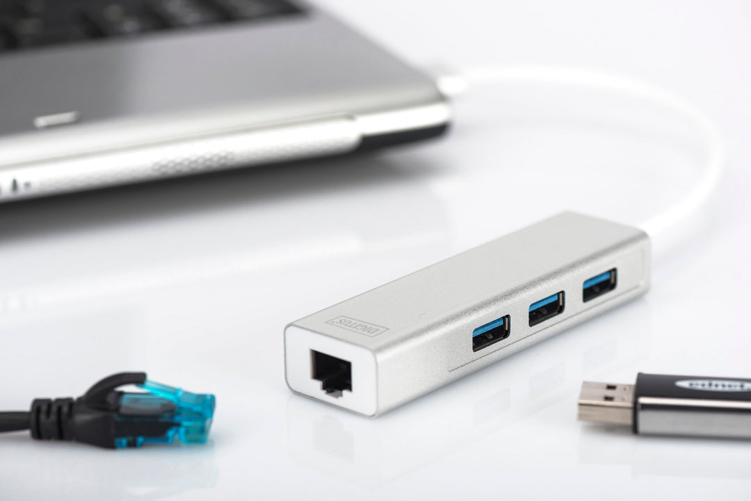 Digitus 3 Port USB 3.0 Hub &amp;Amp; USB 3.0 Gigabit Ethernet Adaptörü, 1 X 10/100/1000 RJ45 Dişi Yuva, 1 X USB-A Erkek Konnektör Kablolu 20 Cm, 3 X USB 3.0 USB-A Dişi Konnektör, Alüminyum, Mac Ve Windows Destekler (DA-70250-1) 3