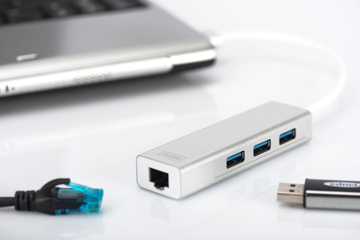 Digitus 3 Port USB 3.0 Hub &amp;Amp; USB 3.0 Gigabit Ethernet Adaptörü, 1 X 10/100/1000 RJ45 Dişi Yuva, 1 X USB-A Erkek Konnektör Kablolu 20 Cm, 3 X USB 3.0 USB-A Dişi Konnektör, Alüminyum, Mac Ve Windows Destekler (DA-70250-1) 3