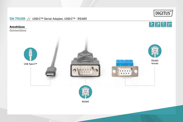 Assmann DIGITUS USB-C™ Serial Adapter, USB-C™ - RS485 (USB Typ-C To RS485 Converter Cabel 1m Cable Length, FTDI Chipset ) (DA-70168) 5