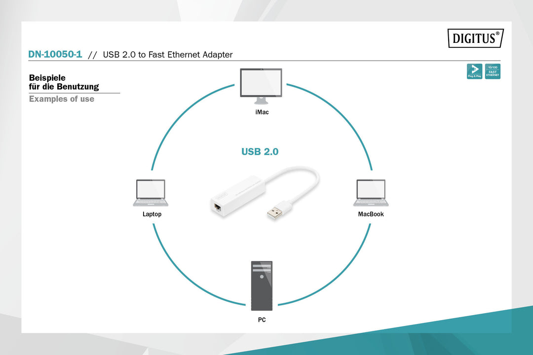 Digitus USB 2.0 Fast Ethernet Adaptörü, 1 X 10/100 RJ45 Dişi, USB-A Erkek (DN-10050-1) 2