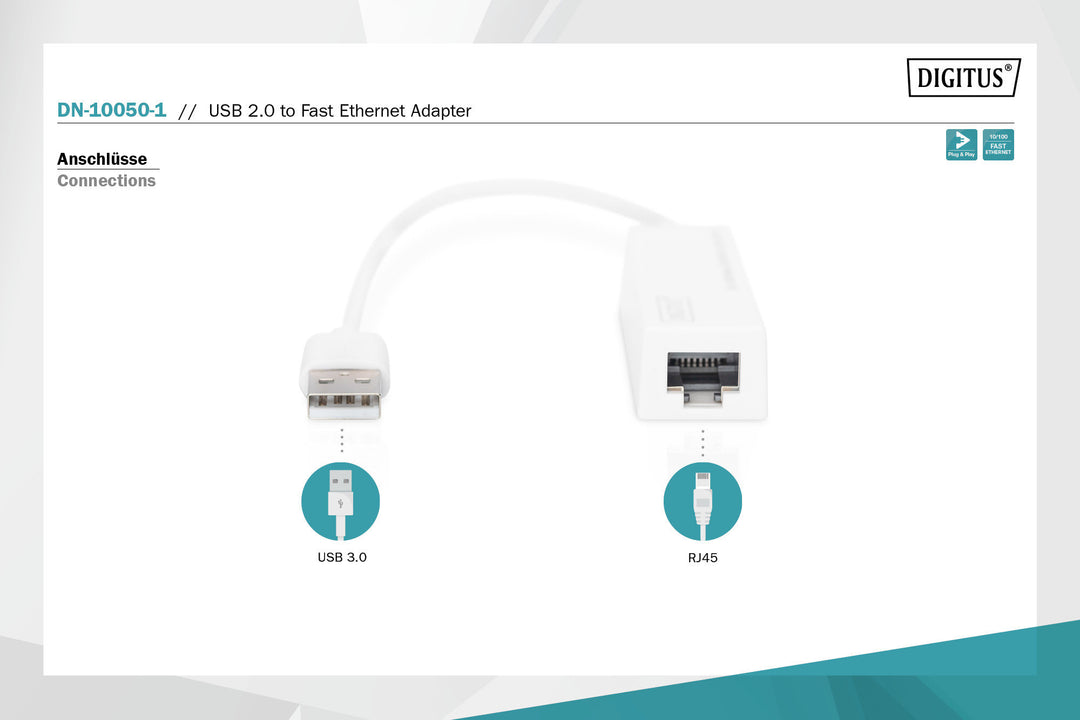 Digitus USB 2.0 Fast Ethernet Adaptörü, 1 X 10/100 RJ45 Dişi, USB-A Erkek (DN-10050-1) 3