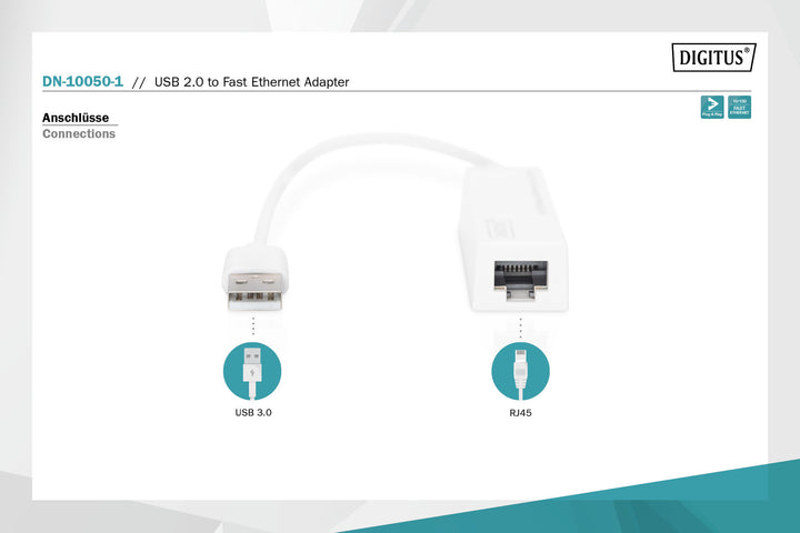 Digitus USB 2.0 Fast Ethernet Adaptörü, 1 X 10/100 RJ45 Dişi, USB-A Erkek (DN-10050-1) 3