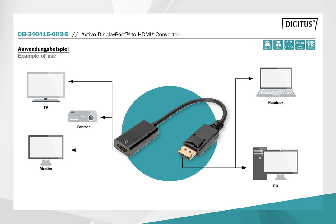 Digitus Aktif DisplayPort HDMI Adaptörü / Çeviricisi, DP Erkek HDMI Tip A Dişi, HDMI 2.0, Kilit Mekanizmalı, Kablolu, 0.2 Metre (DB-340415-002-S)