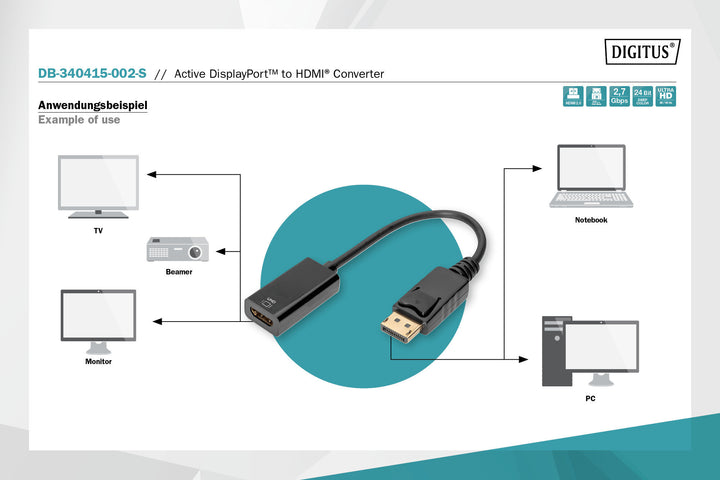 Digitus Aktif DisplayPort HDMI Adaptörü / Çeviricisi, DP Erkek HDMI Tip A Dişi, HDMI 2.0, Kilit Mekanizmalı, Kablolu, 0.2 Metre (DB-340415-002-S)
