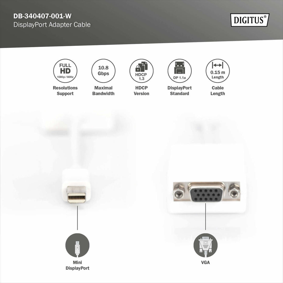 Digitus DisplayPort Adaptör Kablosu, Tip Mini DP Erkek HD15 Dişi, 0.15 Metre, Full HD, DP 1.1a, Beyaz Renk (DB-340407-001-W) 6