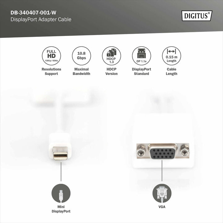 Digitus DisplayPort Adaptör Kablosu, Tip Mini DP Erkek HD15 Dişi, 0.15 Metre, Full HD, DP 1.1a, Beyaz Renk (DB-340407-001-W) 6