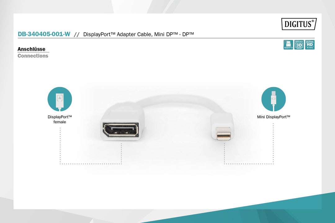 Digitus DisplayPort Adaptörü, Mini DP Erkek DP Dişi, 0.15 Metre , DP 1.2 Uyumlu (DB-340405-001-W) 3