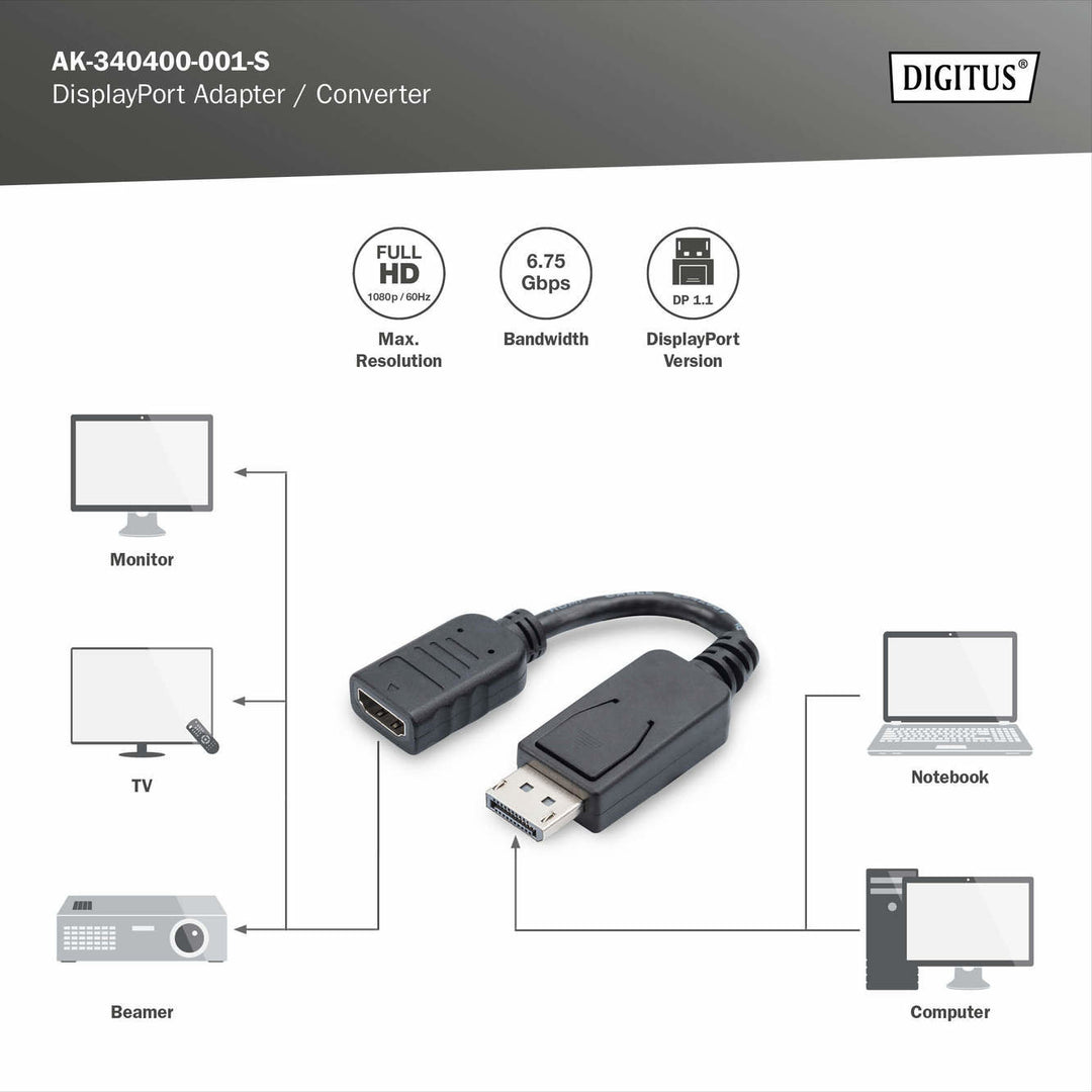 Digitus DisplayPort (DP) HDMI Adaptörü, Kablolu, DP Erkek - HDMI Tip A Dişi, AWG: 28, Çift Kat Zırhlı, 0.15 Metre, Kilit Mekanizmalı, DP 1.1a Uyumlu, Siyah Renk (AK-340400-001-S) 4