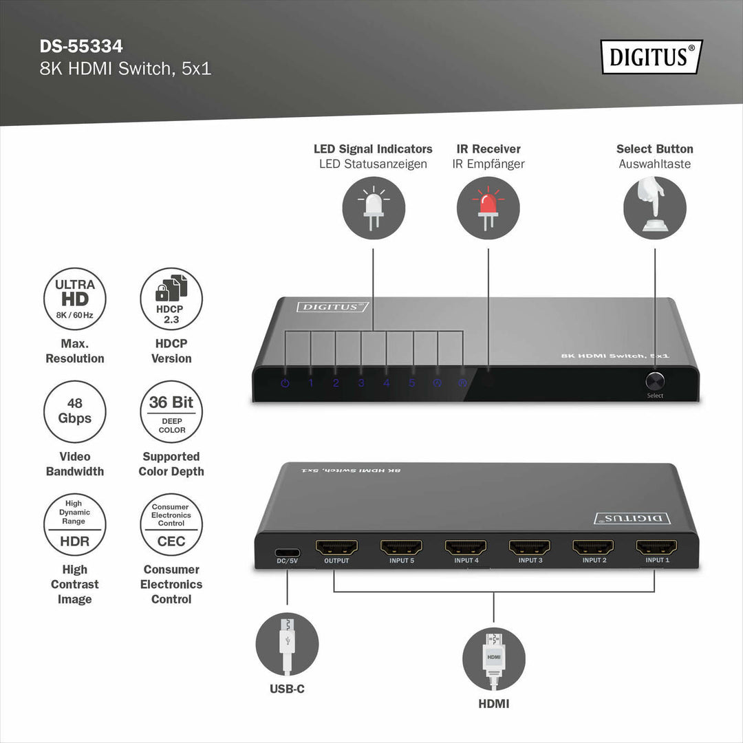 Digitus 8K HDMI Switch, 5x1, 8K/60Hz (4:4:4), HDR, HDCP 2.3 (DS-55334) 4