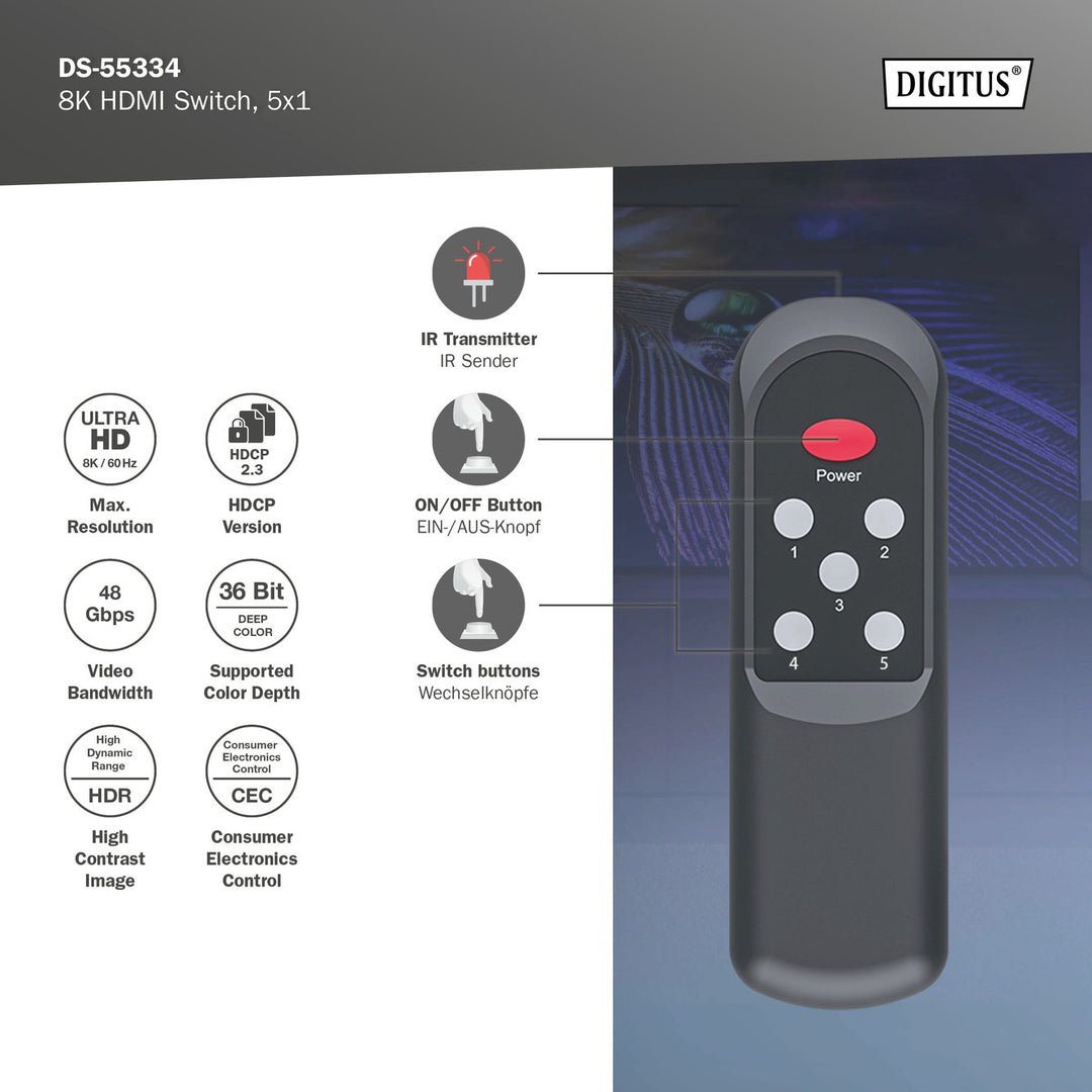 Digitus 8K HDMI Switch, 5x1, 8K/60Hz (4:4:4), HDR, HDCP 2.3 (DS-55334) 5