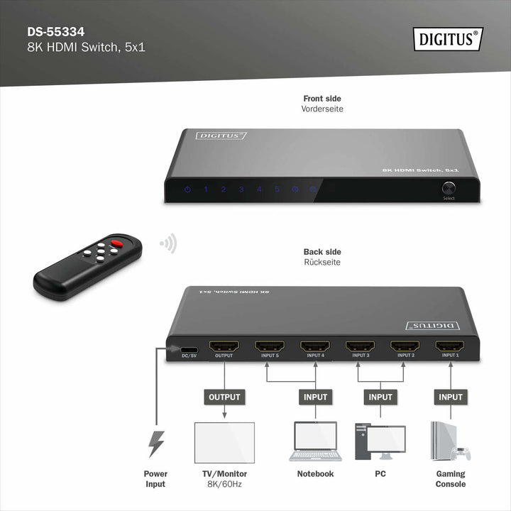 Digitus 8K HDMI Switch, 5x1, 8K/60Hz (4:4:4), HDR, HDCP 2.3 (DS-55334) 6