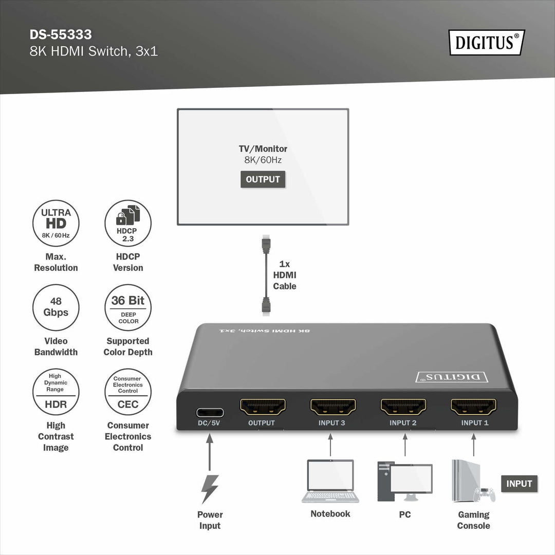 Digitus 8K HDMI Switch, 3x1 (DS-55333) 5