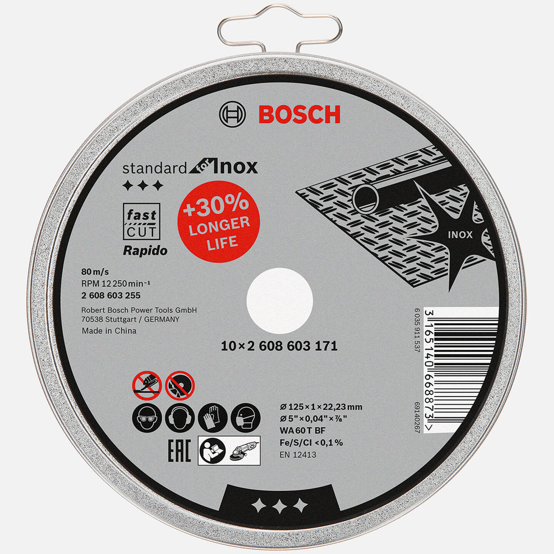 Bosch 125x1,0mm Standard Seri Düz Inox (Paslanmaz Çelik) Kesme Diski (Taş)Rapido 10`Lu