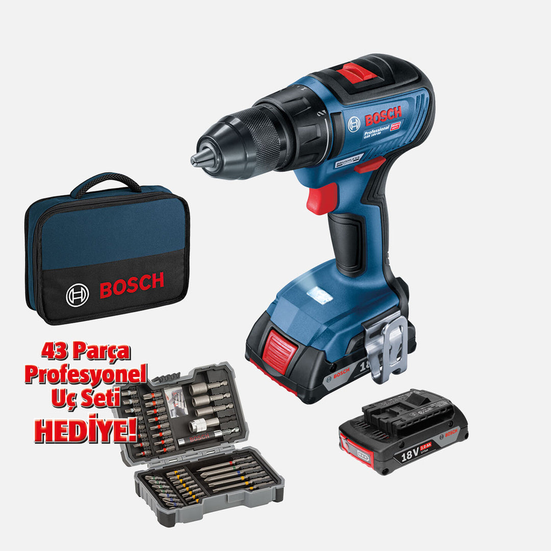 Bosch Profesyonel GSR 18V-50 2 Ah Çift Akülü Li-ion Darbesiz Akülü Vidalama