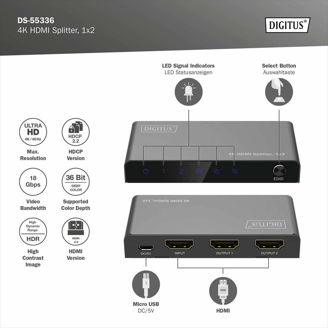 Digitus 4K HDMI Çoklayıcı, 1 X 2, 4K/60Hz HDCP 2.2, EDID Kontrol Özelliği (DS-55336) 5
