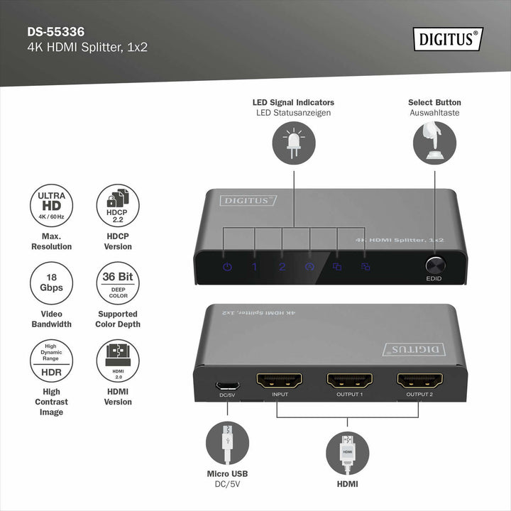 Digitus 4K HDMI Çoklayıcı, 1 X 2, 4K/60Hz HDCP 2.2, EDID Kontrol Özelliği (DS-55336) 5