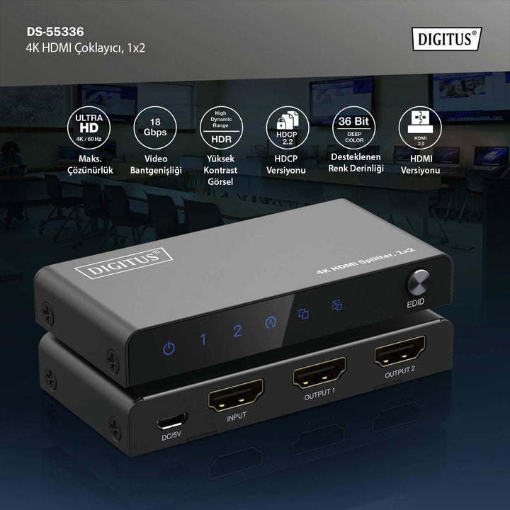 Digitus 4K HDMI Çoklayıcı, 1 X 2, 4K/60Hz HDCP 2.2, EDID Kontrol Özelliği (DS-55336) 6