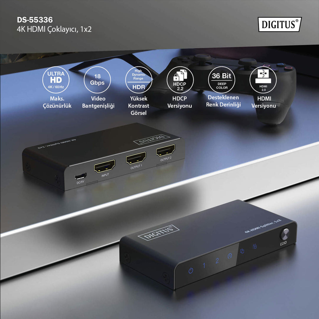 Digitus 4K HDMI Çoklayıcı, 1 X 2, 4K/60Hz HDCP 2.2, EDID Kontrol Özelliği (DS-55336) 7