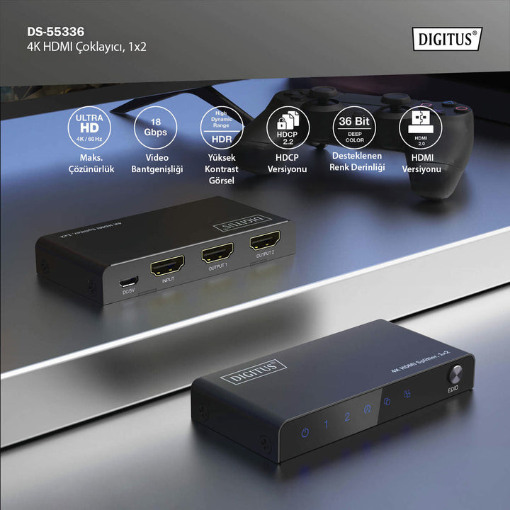 Digitus 4K HDMI Çoklayıcı, 1 X 2, 4K/60Hz HDCP 2.2, EDID Kontrol Özelliği (DS-55336) 7