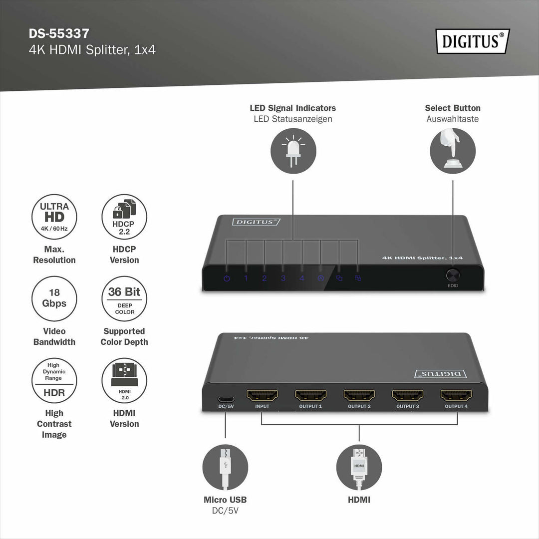 Digitus DIGITUS 4K HDMI Splitter, 1x4, 4K/60Hz HDCP 2.2, EDID Control (DS-55337) 5