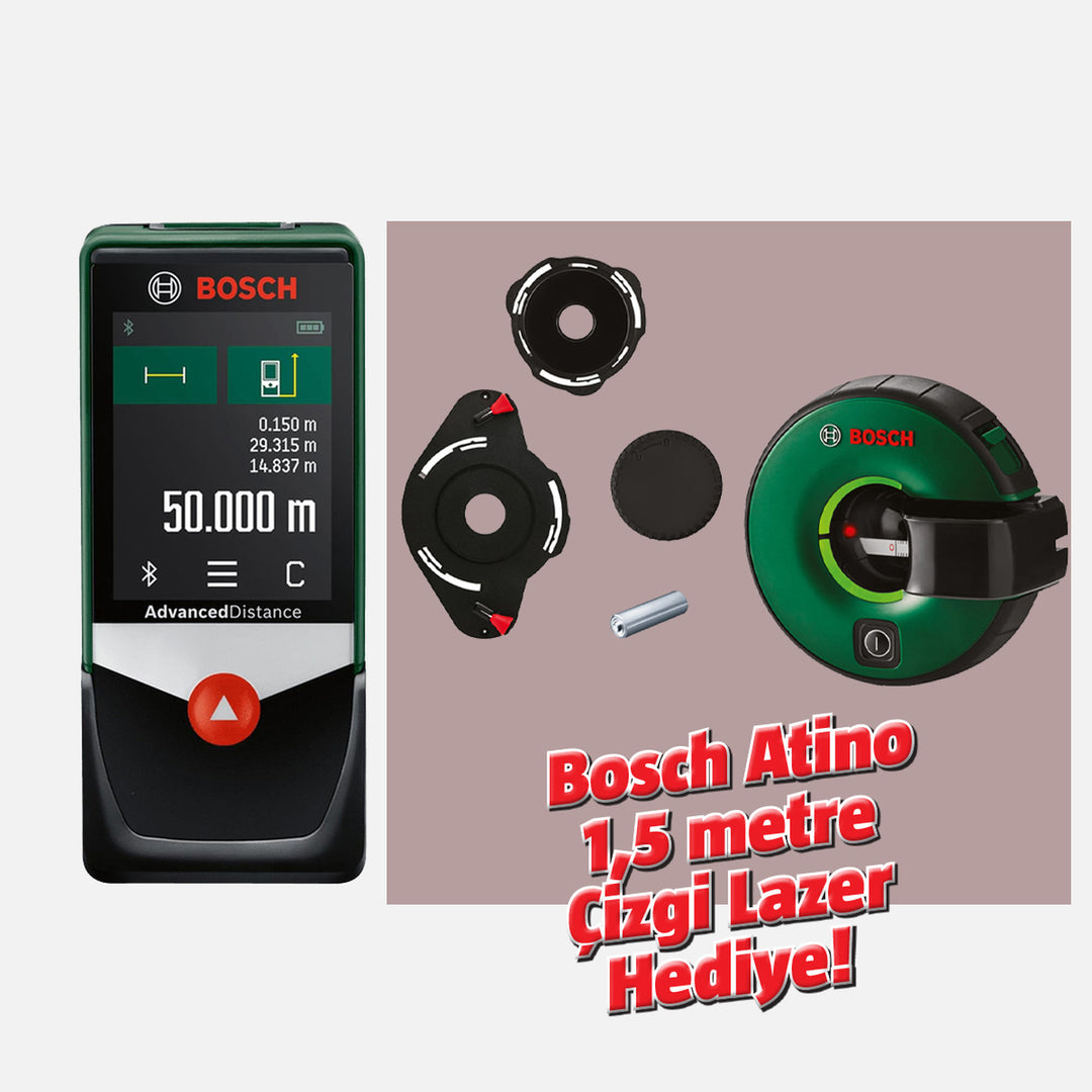Bosch Advanced Distance 50C Dijital Lazerli Uzaklık Ölçer(Bosch Atino 1,5 metre Çizgi Lazer Hediye)