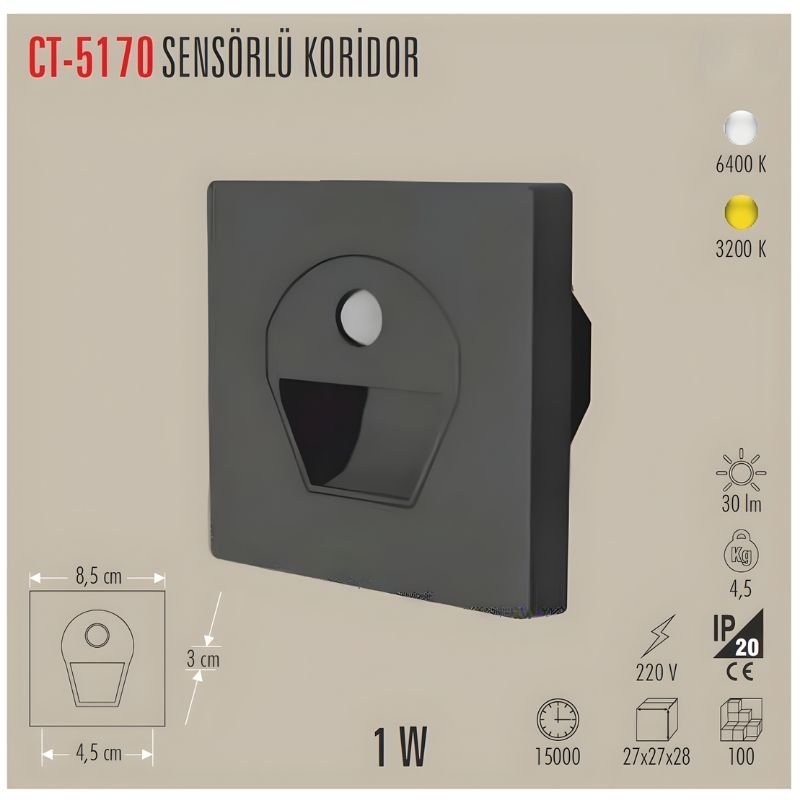 Cata Ct-5170 1W Sensörlü Ledli Koridor Armatür Siyah Kasa - Beyaz 2