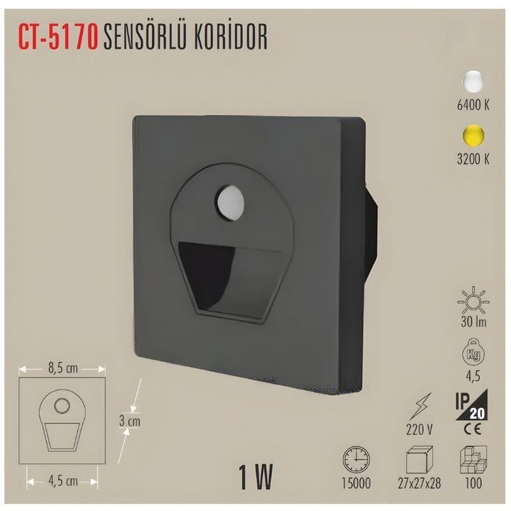 Cata Ct-5170 1W Sensörlü Ledli Koridor Armatür Siyah Kasa - Beyaz 2