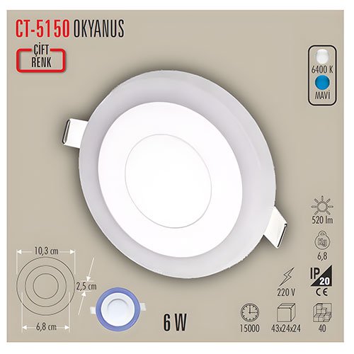 Cata Ct-5150 6W Panel Led Armatür Beyaz + Mavi 2