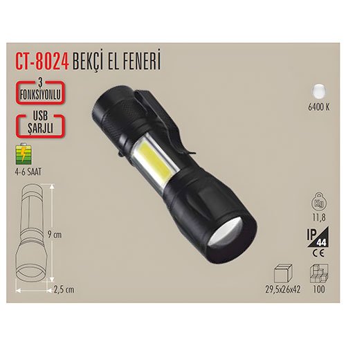 Cata Ct-8024 Police Şarjlı Ledli Cep El Feneri 3