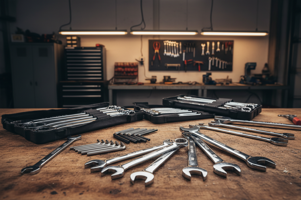 Allen anahtar, kombine anahtarlar, iki ağızlı anahtarlar, anahtar takımları kategorisini ifade eden, yazı olmayan ve arka planda bir atölye görünümü olan bir resim lütfen